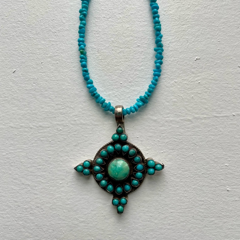 Turquoise & Silver Pendant on Turquoise Beaded Necklace